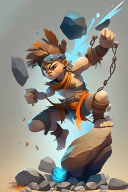 Create an artistic representation of Pelter in a dynamic pose, showcasing his slingshot and the pebbles he fires. Focus on capturing his adventurous spirit and mischievous demeanor.