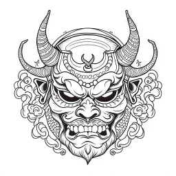 White, minimalis line art , oni mask japanes scarry, vector, white background, outline, with images neatly contained within the background, just black and white color,