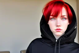 A woman with short, bright red hair, brown eyes, wearing a black hoodie.