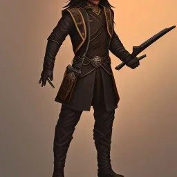 D&D character, male, long black hair, dark tan skin, artificer, gun