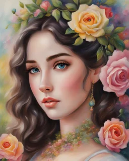 Oil pastel painting of a beautiful girl, beautiful lovely eyes, oil pastel painting, inspired by Thomas Kinkade, beautiful portrait painting, Oil pastel painting of a girl's face, beautiful painting, fantasy, dream, beautiful, oil pastel painting, fantasy art, fairy, young girl, flowers, colorful oil pastel painting, fine art, 8k