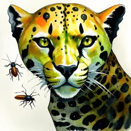 Asymmetric and offset, full color watercolor illustration, unsettling undead cheetah and cockroach hybrid, by Dave McKean and Victor Pasmore and Jeff Soto, occult transience treachery bizarre creature by Jason Limon, violent colors, liminal oncology