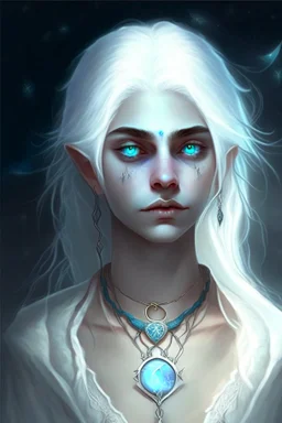 hauntingly beautiful character for dnd, young woman with white hair and blue eyes, angel, with moon necklace, dangs