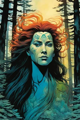 create a wildly conceptual closeup full body print illustration of a female Salish shaman with highly detailed hair and feminine facial features, in the coastal cedar forests of Vancouver Island , in the comic book art style of Bill Sienkiewicz, Mike Mignola, Sparth, Maxfield Parrish, and Jean Giraud Moebius, finely textured, drawn, colored, and inked, suffused with dramatic natural light