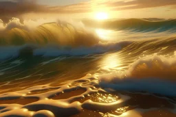Photoreal seashore turbulant butter ocean at golden hour