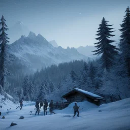 Five people hunting in a snowy forest, sense of fear, mountain hut in the background, Alps, night, 8k, HD, cinematography, photorealistic, Cinematic, Color Grading, Ultra-Wide Angle, Depth of Field, hyper-detailed, beautifully color-coded, insane details, intricate details, beautifully color graded, Cinematic, Color Grading, Editorial Photography, Depth of Field, DOF, Tilt Blur, White Balance, 32k, Super-Resolution, Megapixel, ProPhoto RGB, VR, Halfrear Lighting, Backlight, Natural Lighting