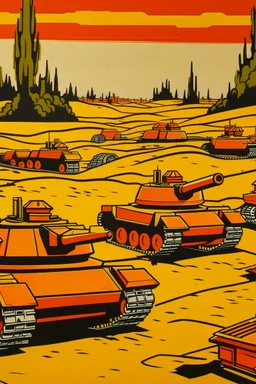 An orange colored battlefield with tanks painted by Roy Lichtenstein