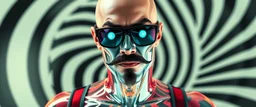 cyber jobe, lawn mover man movie character, portrait of upper body of cool transparent guy made with nano tape and with shades and mustache and bald head, saw blade beholder eye tyrant flating beholder kin with eyes on each saw blade tooth saying something profound, hypnotic zebra twirl background, with chrome reflections, like he is floating in a giger cartoon