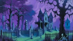 A purple haunted mansion near a graveyard with undead spirits painted by Claude Monet