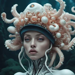 a close up of a person wearing a hat, inspired by Hedi Xandt, zbrush central contest winner, futuristic robot organisms, beautiful octopus woman, photography alexey gurylev, porcelain cyborg, beeple daily art, made of mushrooms, many eyes on head, behance 3d, aquatic creature, in style of stanislav vovchuk, shot with Sony Alpha a9 Il and Sony FE 200-600mm f/5.6-6.3 G OSS lens, natural ligh, hyper realistic photograph, ultra detailed -ar 1:1 —q 2 -s 750)