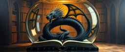 master oil painting by Escher and Giger, ancient library book obsidian fluffy chrome black serpent dragon inside huge transparent vase and with gold, master 3d models, book of the dead, flash rune symbol