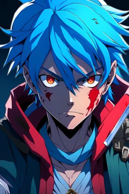 An anime man with blue hair and red eyes, angry and carrying a weapon