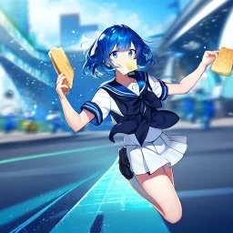 Clear focus,High resolution, Vibrant short blue hair, Vibrant blue eyes, Wearing a sailor uniform, Running with toast in her mouth