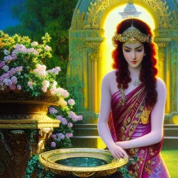 Hyperdetailed oil on canvas, young annie henley at a temple fountain, beautiful, detailed face, long dark hair, surrounded by luminous colorful sparkles, airbrush, depth of field, raspberries, blackberries, octane render, by gaspar camps, maxfield parrish, alphonse mucha, cyril rolando, volumetric lighting, dusk, 16k