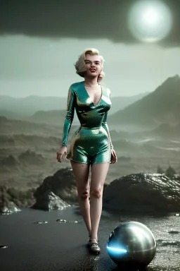 Ultra Realistic retro sci-fi 1960 scene, waist up view portrait, blonde woman, sweet young Marilyn Monroe face, perfect iris, tight latex coat, alien planet background, tight style, steel sphere dron levitating, fog, rain, soft color, highly detailed, unreal engine 5, ray tracing, RTX, lumen lighting, ultra detail, volumetric lighting, 3d, finely drawn, high definition, high resolution.