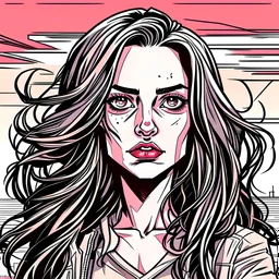 create a comic style portrait of a beautiful young woman with long black wavy hair and hazel eyes in an apocalypse