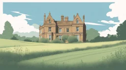 disused, Victorian manor house, blue sky, over-grown fields, vector art