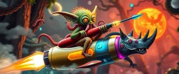 hairy macho gremlin octopus lizard aliens living in a hi tech marvellous hot dog art graphics and gems on rocket with a mounted sling shot mega harpoon, heading for venus , background motion blur and smoke swirls, and cheeky slug rhino through giant ancient mega magic forest