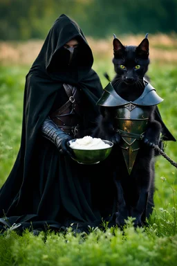 a full-length photograph of a [black-robed hooded Nazgul from the [Lord of the Rings] movies, articulated metal gauntlets] stands over a [small black kitten] which laps from a [small bowl of milk] on the ground, a [huge black warhorse, black saddle] in the background, depth of field, green meadow, mood ominous --style raw