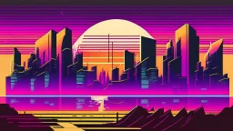 synth-wave, synth-wave one sun, synth-wave city, simple,iconic:1.8), synth-wave color in city, comic style