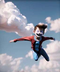 Ultra realistic clouds sky scene, medium shot view, portrait, sweet Childs, free jumping flying, trinkets, monster hair, jelly beans, balls, smile, happy, Peter Pan style, inflatable color clothing, extreme, wind, clouds sea, 20,000 feet altitude, stratosphere, soft color, highly detailed, unreal engine 5, ray tracing, RTX, lumen lighting, ultra detail, volumetric lighting, 3d, finely drawn, high definition, high resolution.