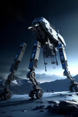 I want an image of a eight legged mechanical walker mech scaling the side of mout everest at night, it has a smooth surface