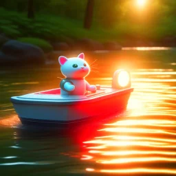 cute blessed chat robot sailing on a bed in the river,catching a big fish in a river stream, 8k, downlight, soft light, depth of field, photorealism, trending on art station, lotsa detail