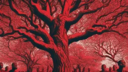red tree, highly detailed, beautiful desktop wallpaper, comic style, many human faces on tree