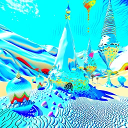 Bright, glittering, 3d, steel-like, surreal objects in a bright environment, desert, noon light, melting cream, Yves Tanguy and Max Ernst style