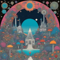 [geometric tessellation by W. Heath Robinson] a retro-futuristic world where nightmares and false realities intertwine, bathed in the psychedelic hues of flower power and trippy colors. In this dark sci-fi realm, macabre visions dance with hippie aesthetics, blending the mystique of tarot with the allure of pin-up girls in a mesmerizing display of contrasts.
