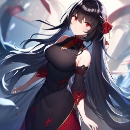 Clear focus, high resolution, black long fluffy hair, red eyes, wearing a cute outfit