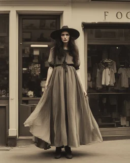 full-length, young woman dressed like a modern-day witch, floaty clothing, with dark hair, outside a shop