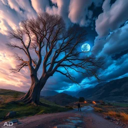 Ground level view of a dramatic storm clouds and blue moonlight glow on an aesthetic remarkable old white oak tree, river, winding path, remote village & mountains, by tomasz allen kopera, dariusz zawadzki, andreja peklar, ivan shiskin, beautiful, colorful, cosmic, ray tracing, sharp focus, hyper detailed,hyper realistic, 50mm prime lens, Rendered in Cinema 4D, awestruck, intricate, lightning,