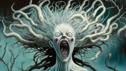 "The Wilhelm Scream of Imaginary Dead Wives" in the style of Michael Hussar and Walter Van Beirendoncks; features a ghostly figure of a woman with windblown crazy hair and mouth wide open in a scream, surrounded by intricate details such as twisted branches, ominous clouds, and hidden symbols. The image is meticulously crafted with an award-winning level of detail that invites the viewer to explore its mysterious depths.