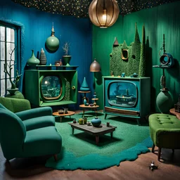 Detailed cozy living-room made of modeling clay, odd furnitures, naïve, strong texture, odd beings, TV studio 1950's shot, extreme detail, Max Ernst, green and blue moody colors, sparkles, Yves Tanguy, odd