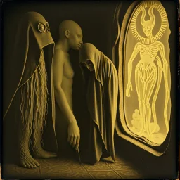 Daguerrotype close up some mysterious figures, odd background, Hieronymus Bosch Max Ernst ambient light, by Minicavio Quollati and Marlost Endgulp, Amano, Botticelli, Alphonse Mucha