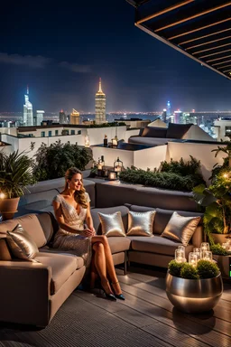 Middle shot from a beauty lady is sitting on the sofa in a nice shiny dress and enjoying the evening atmosphere. , a Roof terrace with sofas, one poof a small table with cocktail and potted plants. The area is lit by string lights, cozy atmosphere. the illuminated terrace and the view of the big city in the background makes this environment relaxing and spectacular. high detalied, cinematic