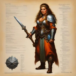 ConceptSheet [by Boris Vallejo]: woman dwarf cleric and her war mace with AD&D statistics