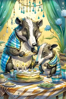 (fairy tale badger adult and little badger junior, animal by Monge)) an insanely beautiful smiling badger, extremely fine detailed fluffy fur, shining smiling eyes very well shabby chick dressed is baking a birthday cake with many light candles together with the smiling little badger, fine detailed fluffy fur, shining eyes shabby chick dressed in his kitchen with many pots: Background kitchen as in a cave, anatomically correct, flawless, full body shot, complete figure, by Monge, by Potter, by D