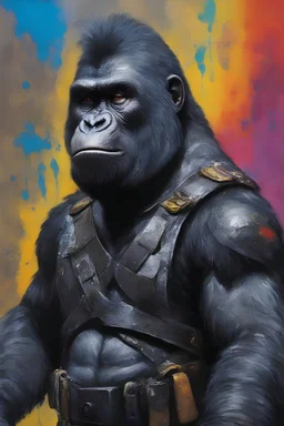 general Aldo the extremely muscular, black gorilla military leader from Planet of the Apes wearing a clean, black leather military uniform, and a black helmet - extremely colorful, multicolored paint splattered wall in the background, oil painting by Leonardo da Vinci