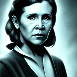 upper body photorealistic jedi carrie fisher in Star Wars, sharp brown eyes, photorealistic skin, dark brown jedi robe, cinematic lighting