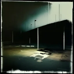 Minimal abstract oil painting of a desolate 1960s carpark. Illuminated by spotlights. On the floor are concrete fragments and road markings . In the dark mysterious style of Justin Mortimer and Francis Bacon.