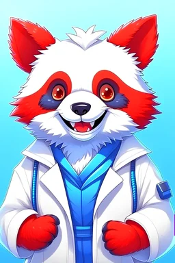 anthropomorphic smiling red panda in a pure white lab coat, anime, cute, concept art