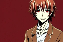 Detailed pretty anime boy, brown hair with blonde strips, keep head in frame, headshot, glaring, brown eyes, covered in bandages, looking serious, illustration, digital painting, only one character, color scheme red, wearing many bandages, Osamu Dazai inspired, anime inspired, manga, dazai, red hair, Chuuya, pretty, scruffy, angry, brooding, manga inspired, small nose, long lower eyelashes, handsome, one character, headshot, glaring, cute, wearing a bandage on neck, small nose, scruffy hair