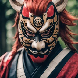 A close-up portrait of a masked man with a wood tiger japanese mask with no ears and no mouth, japanese man, showcasing the ninja and experience of a samurai dedicated to the way of the silence, red hair, red and black kimono, ambient. [samurai, Determination, lucifer eyes, Experience, Close-Up, Resolute, L5R, SCORPION Family]