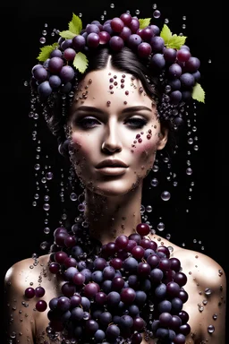 woman made with grapes and wine drops, collage, caotic, botanic, style, black background