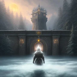 fantasy art, book cover, upper body of big mad wizard in front of the ebony stairs of a bridge or dam ,icy water, on the bridge is a wolf, there is also a hawk and everything is seen from the tree tops