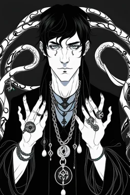 black haired young man necromancer wizard with gothic jewelry and tentacle fingers in the style of Aubrey Beardsley