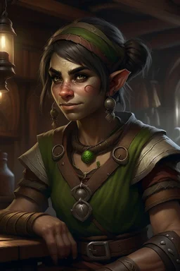 Dungeons and dragons orc woman. She has gray skin. She is kind. She is handsome. She has nice eyes. She has short hair. She is strong. She is in a tavern. She has broad shoulders. She has a large jaw. She wears casual peasant clothes. Realistic style