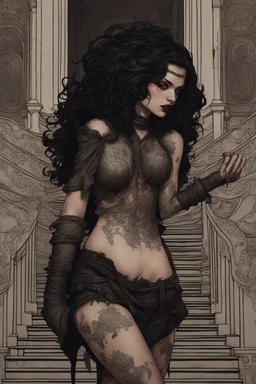 scarred cyberpunk vampire girl with tribal tattoos short curly dark cyberpunk hair descending the staircase in decaying gothic mansion with ornate dagger in hand at dawn